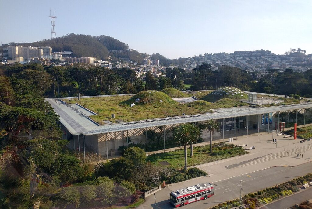 California Academy of Sciences building in San Francisco with green living roof, a popular venue for live streaming events.