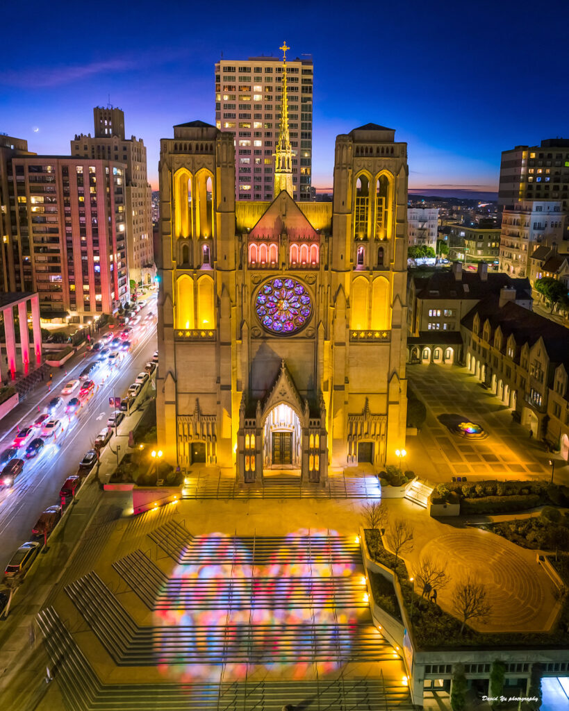 Interior of Grace Cathedral in San Francisco, a historic venue for live streaming events with stained glass windows and vaulted ceilings.