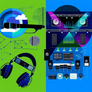 Illustration of event AV equipment: microphone, headphones and a mixing device beside a stage with lighting truss, LED screens, speakers and a control desk.