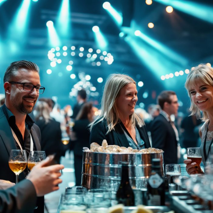 Group of people socializing at a corporate event with drinks and beverages, set in an elegant venue with decorative lighting.