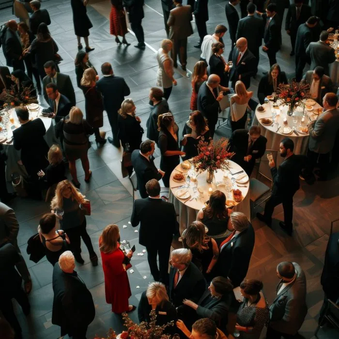 A corporate event with attendees networking and mingling, supported by professional audio visual production services in San Francisco by Westwave AV.